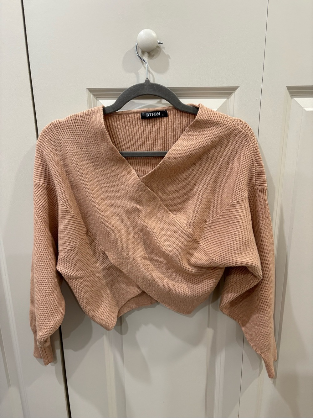 Women's V-Neck Wrap Knit Sweater - Tan - Picture 2 of 3